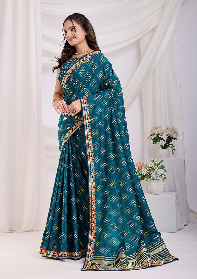 Teal Blue Embroidered Vichitra Saree Set