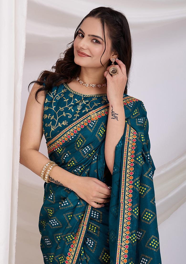 Teal Blue Embroidered Vichitra Saree Set