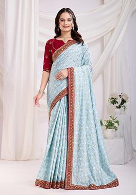 Sky Blue Embroidered Vichitra Saree Set