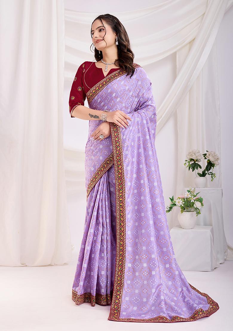 Lavender Embroidered Vichitra Saree Set