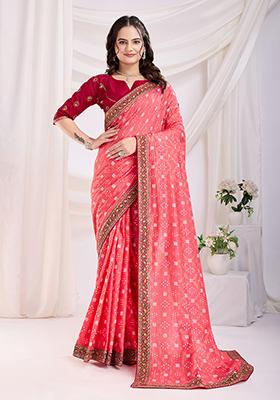 Coral Pink Embroidered Vichitra Saree Set