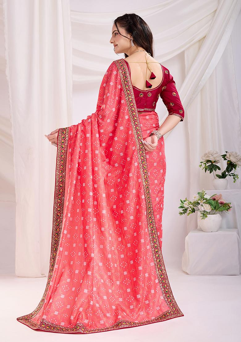 Coral Pink Embroidered Vichitra Saree Set