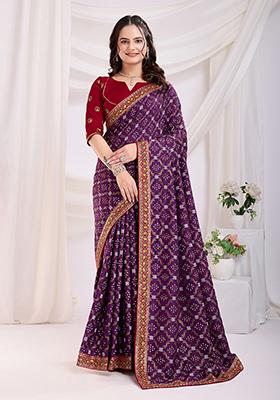 Purple Embroidered Vichitra Saree Set