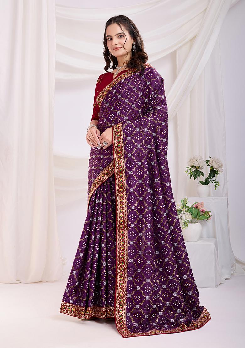 Purple Embroidered Vichitra Saree Set