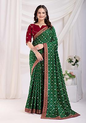 Forest Green Embroidered Vichitra Saree Set
