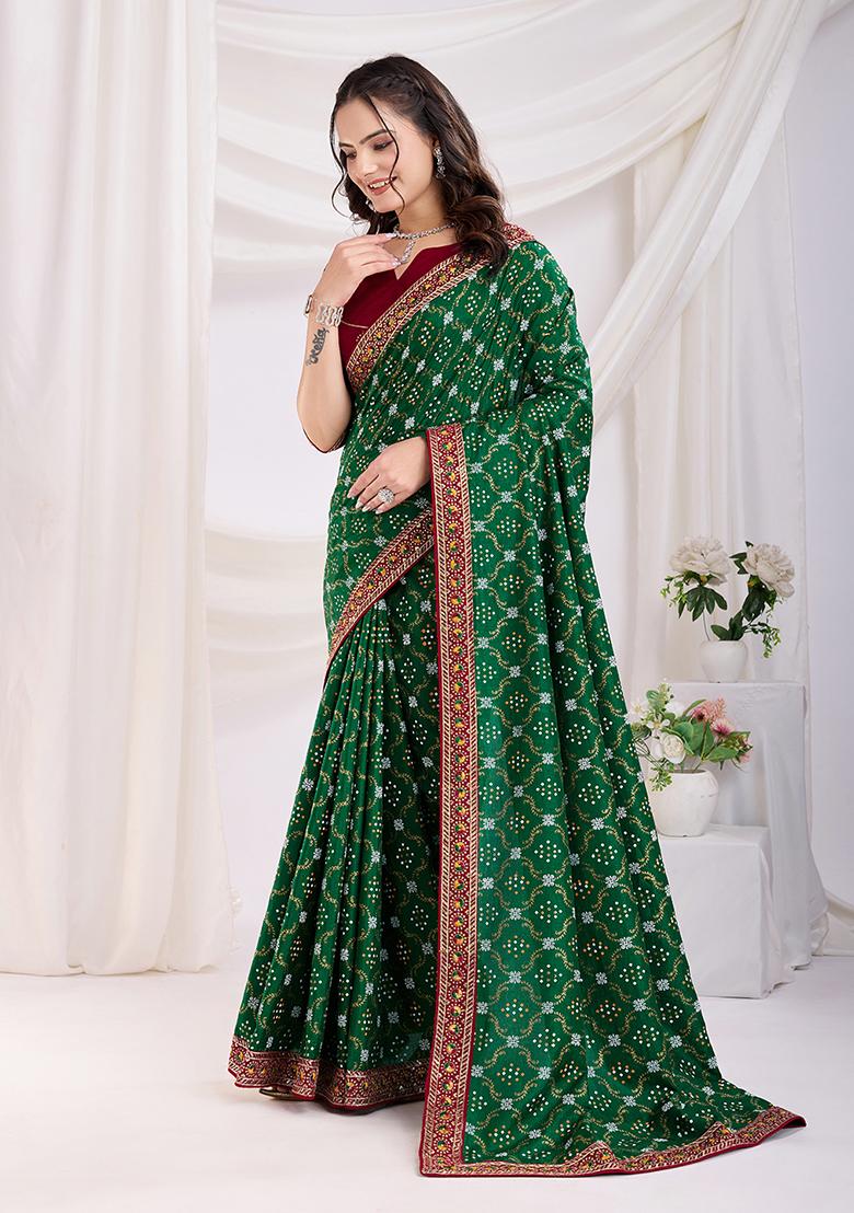 Forest Green Embroidered Vichitra Saree Set