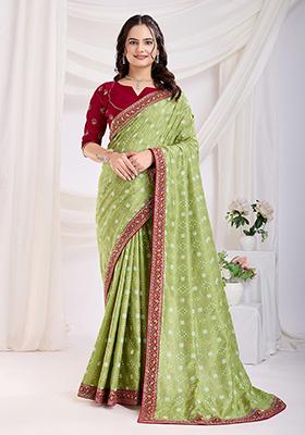 Lime Green Embroidered Vichitra Saree Set