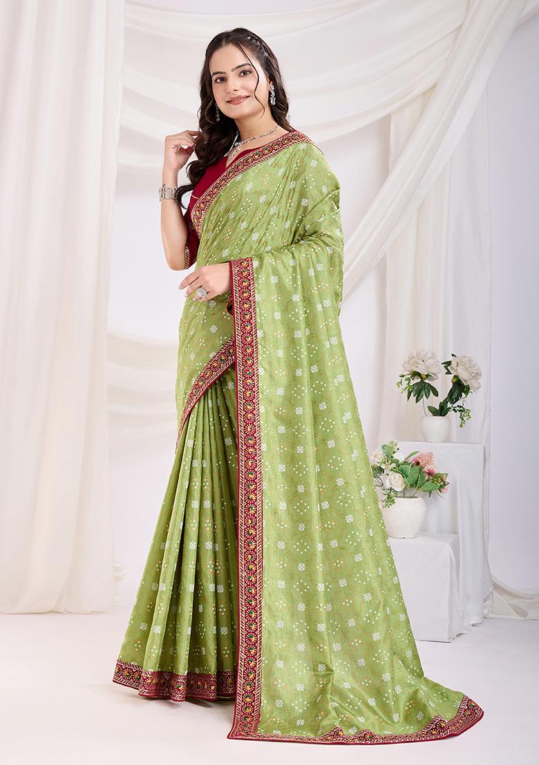 Lime Green Embroidered Vichitra Saree Set