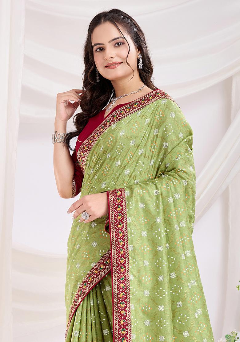 Lime Green Embroidered Vichitra Saree Set