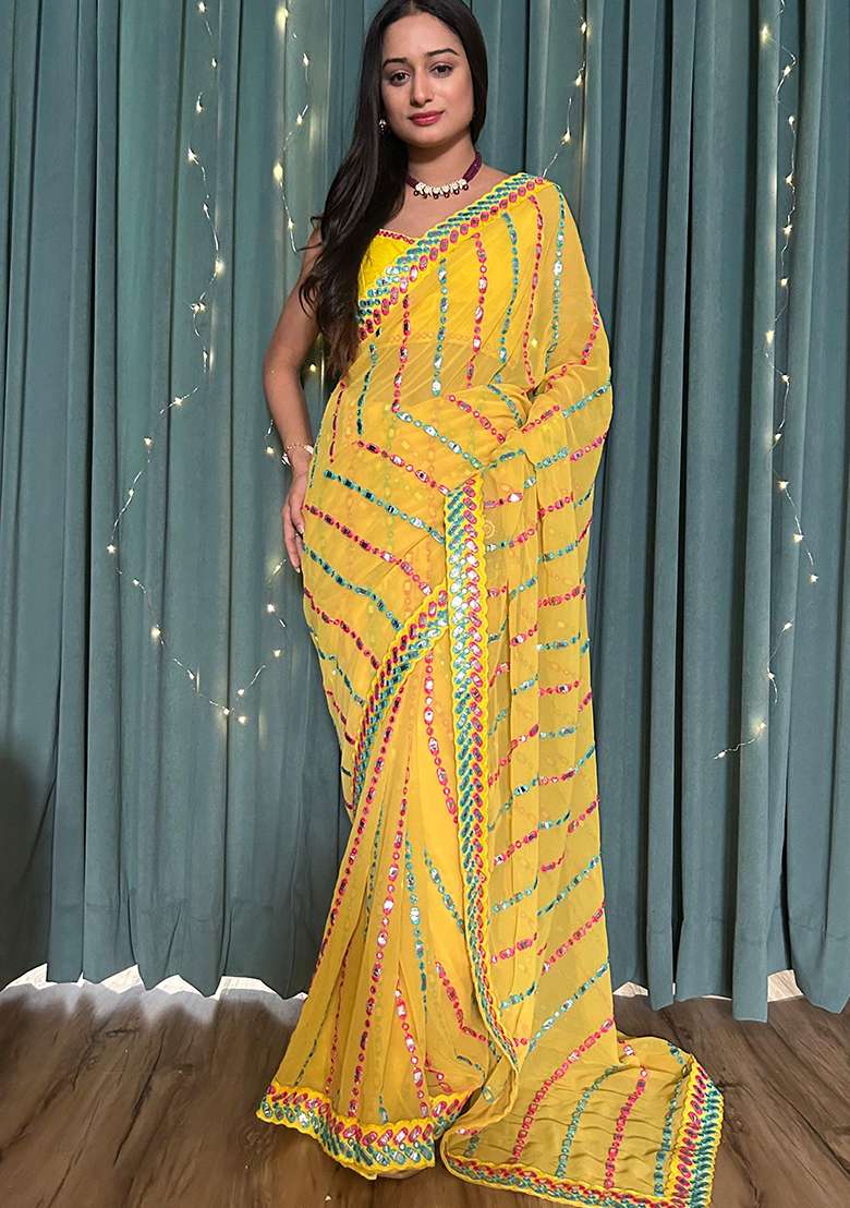 Yellow Embroidered Georgette Saree Set for Diwali and Festive Wear - Indya