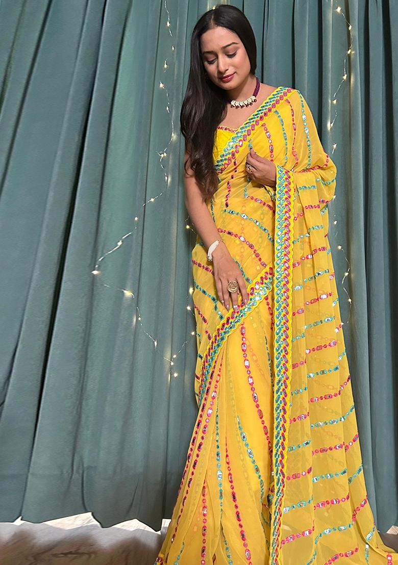 Yellow Embroidered Georgette Saree Set