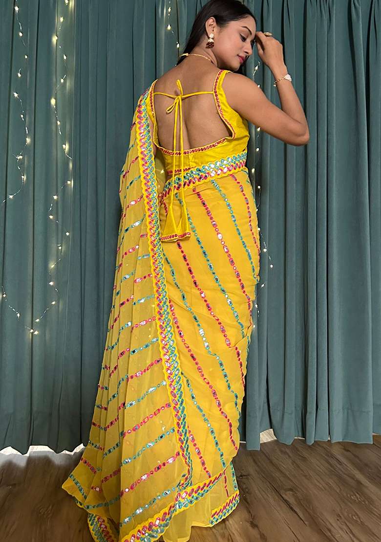 Yellow Embroidered Georgette Saree Set for Diwali and Festive Wear - Indya