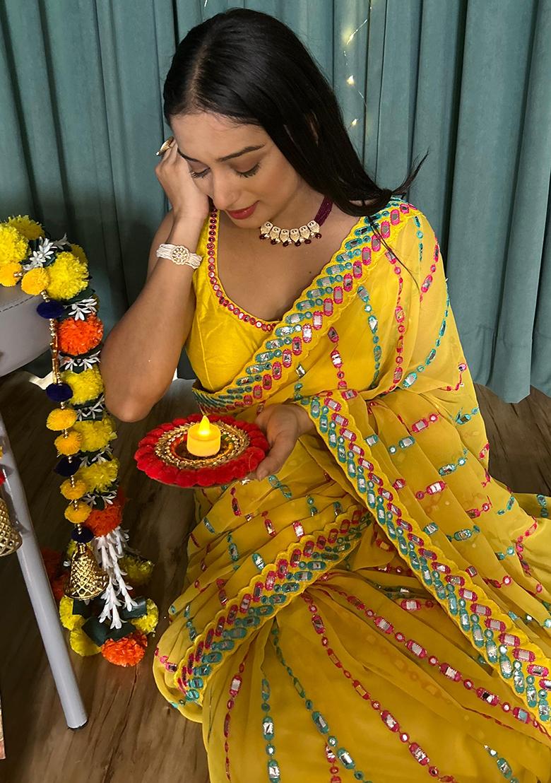 Yellow Embroidered Georgette Saree Set