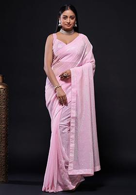 Pink Embroidered Georgette Saree Set