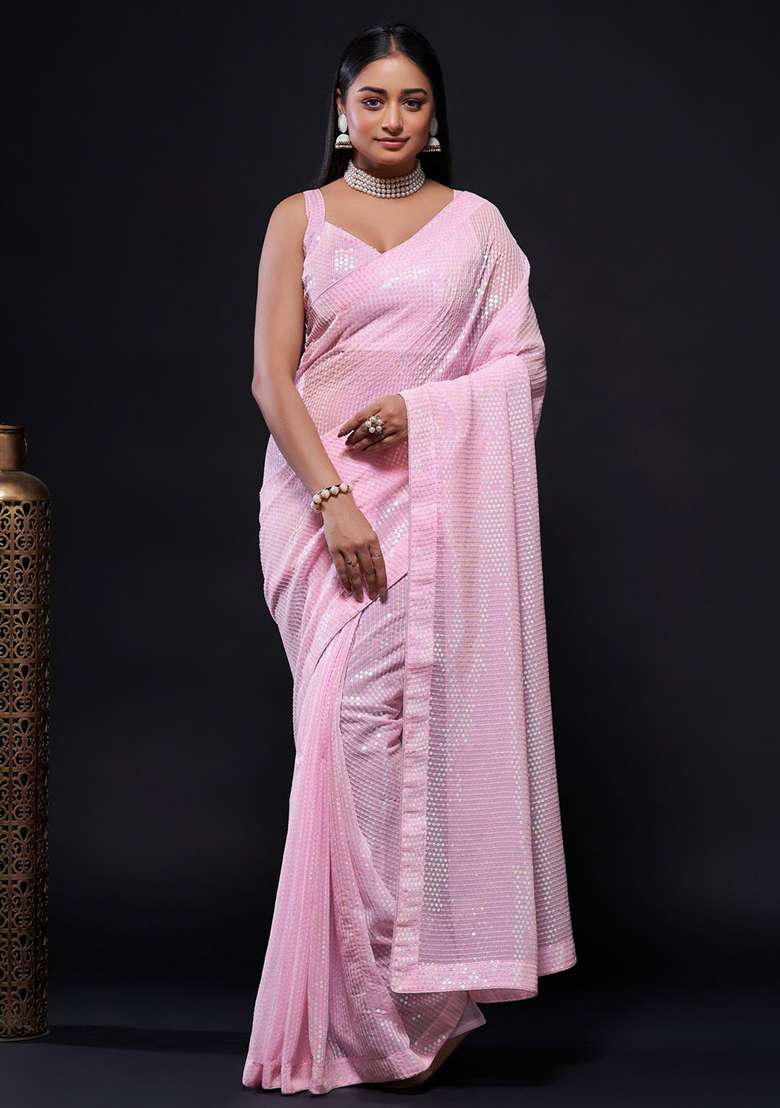Pink Embroidered Georgette Saree Set for Diwali and Festive Wear - Indya