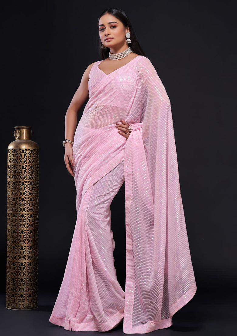 Pink Embroidered Georgette Saree Set
