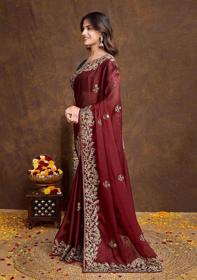 Maroon Embroidered Silk Saree Set