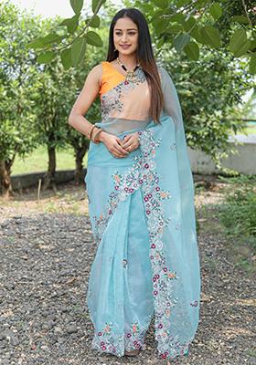 Sky Blue Embroidered Organza Saree Set