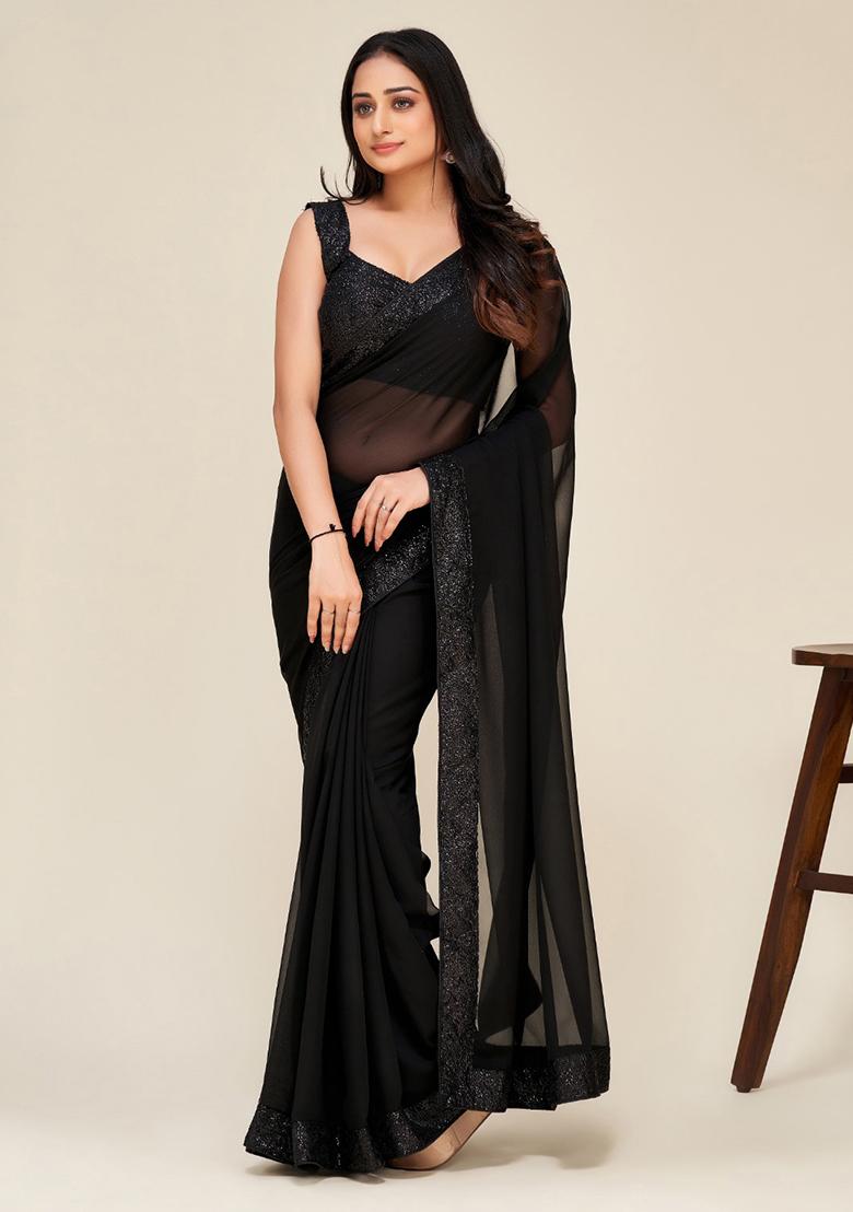 Black Embroidered Georgette Saree Set