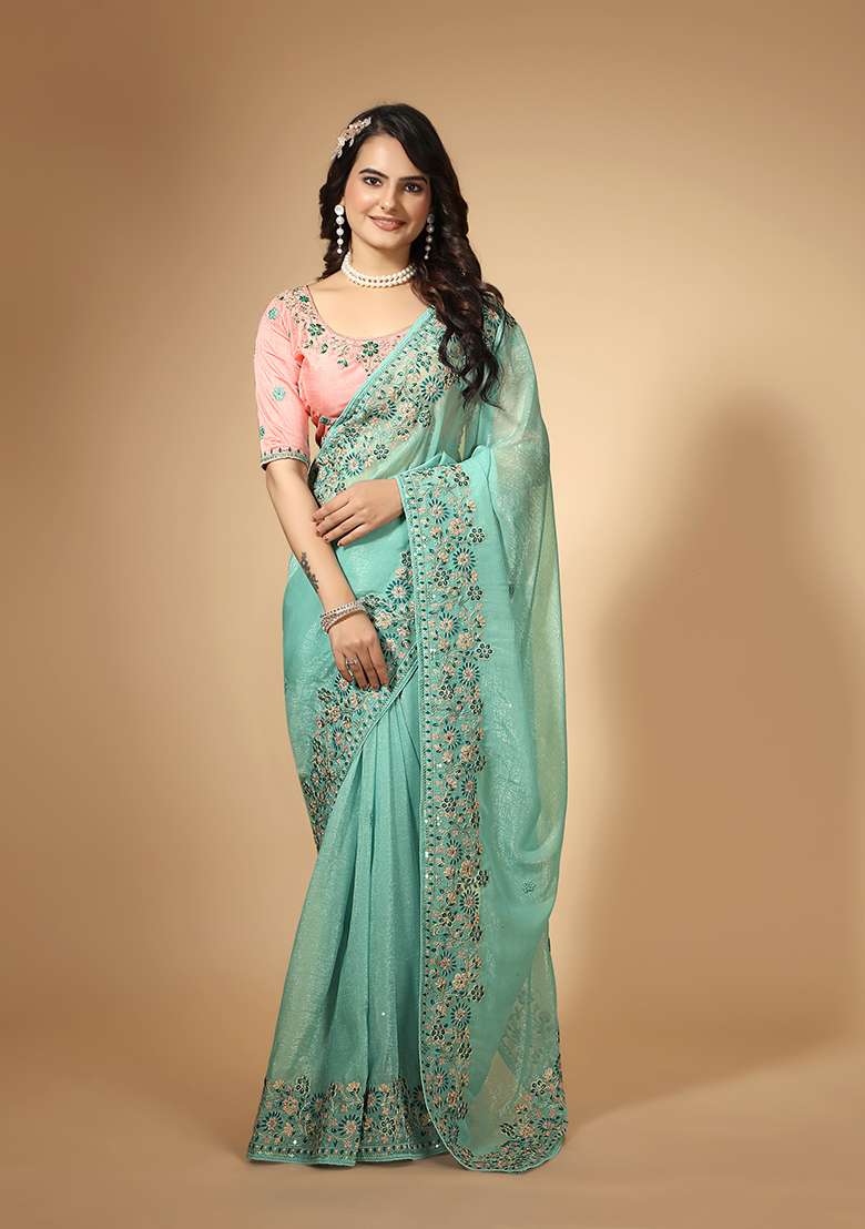 Sea Green Organza Saree Set with Embroidered for Diwali | Wedding & Festive Wear - Indya