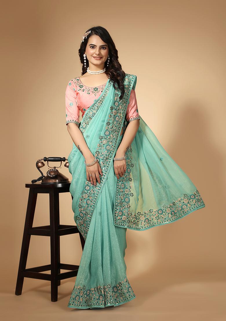 Sea Green Embroidered Organza Saree Set