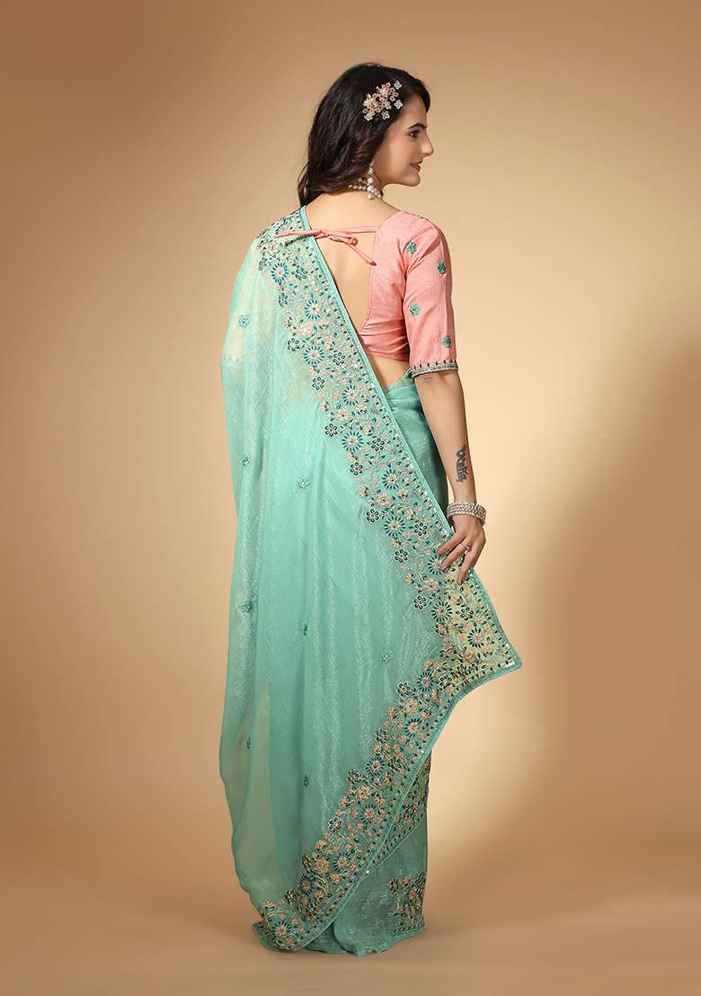 Sea Green Organza Saree Set with Embroidered for Diwali | Wedding & Festive Wear - Indya