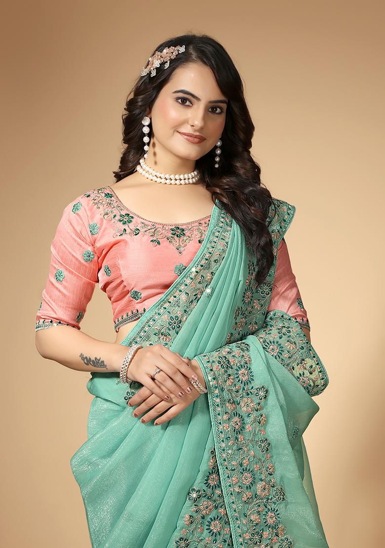 Sea Green Embroidered Organza Saree Set