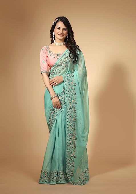 Sea Green Embroidered Organza Saree Set