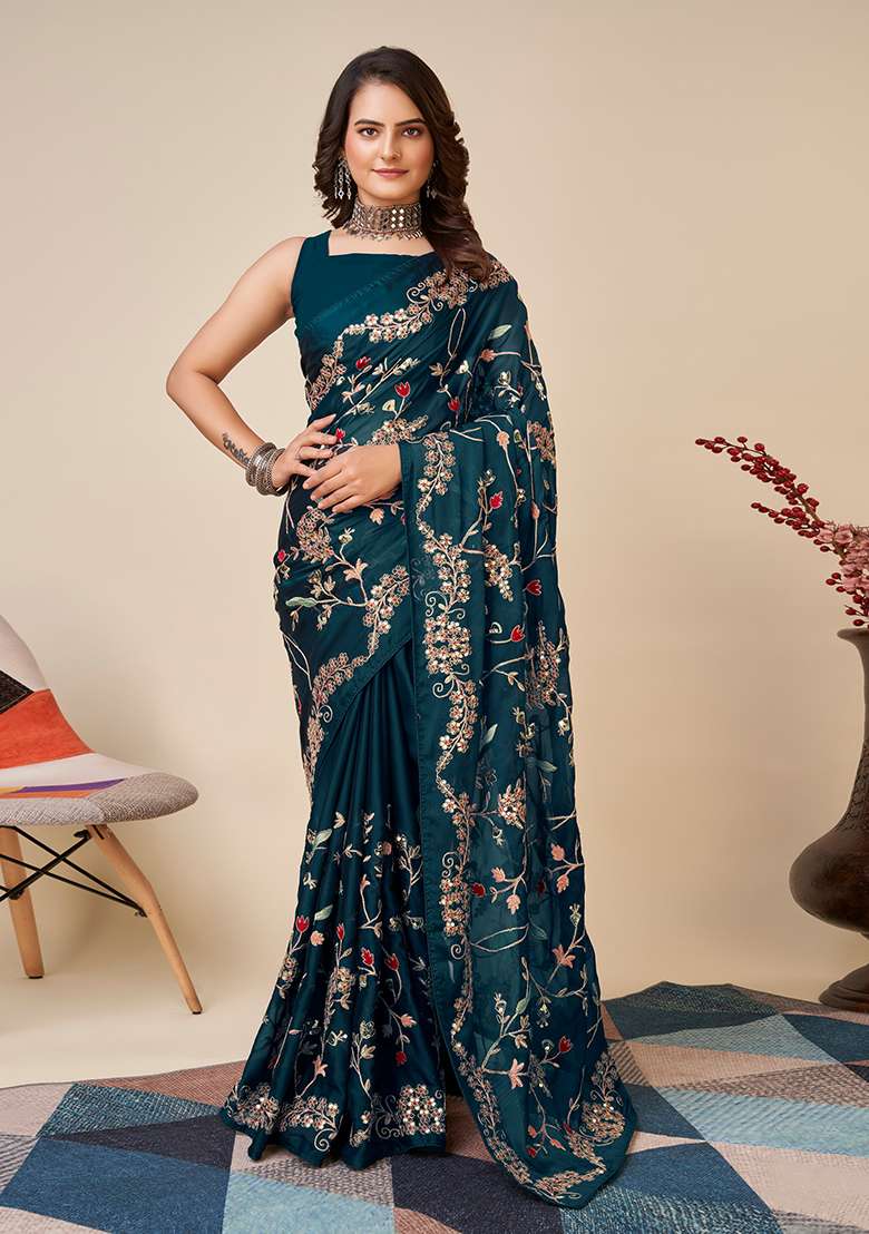 Teal Blue Embroidered Silk Blend Saree Set for Diwali and Festive Wear - Indya