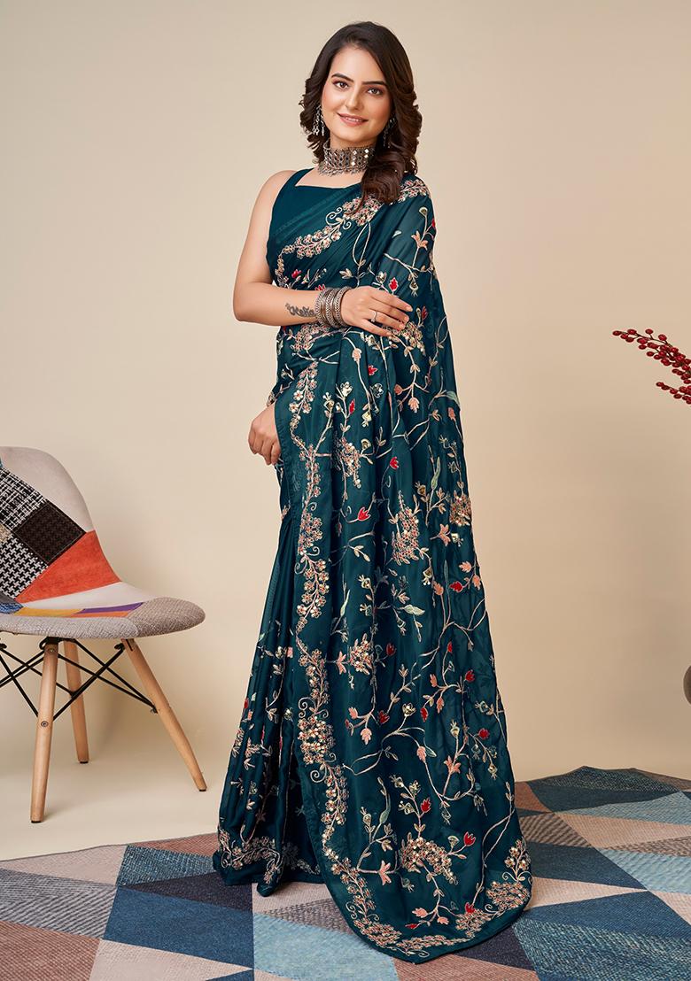 Teal Blue Embroidered Silk Saree Set