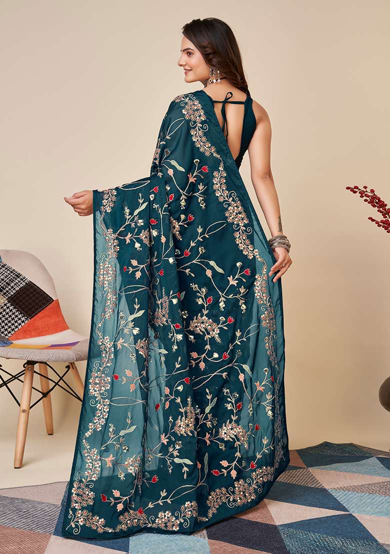 Teal Blue Embroidered Silk Blend Saree Set for Diwali and Festive Wear - Indya