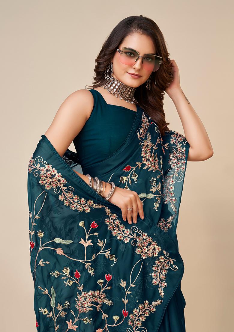Teal Blue Embroidered Silk Saree Set