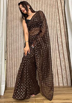 Brown Embroidered Georgette Saree Set