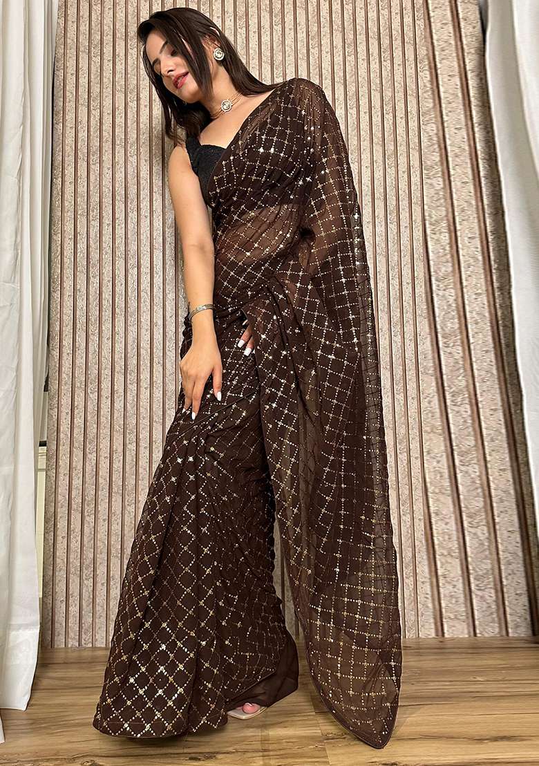 Brown Embroidered Georgette Saree Set for Diwali and Festive Wear - Indya