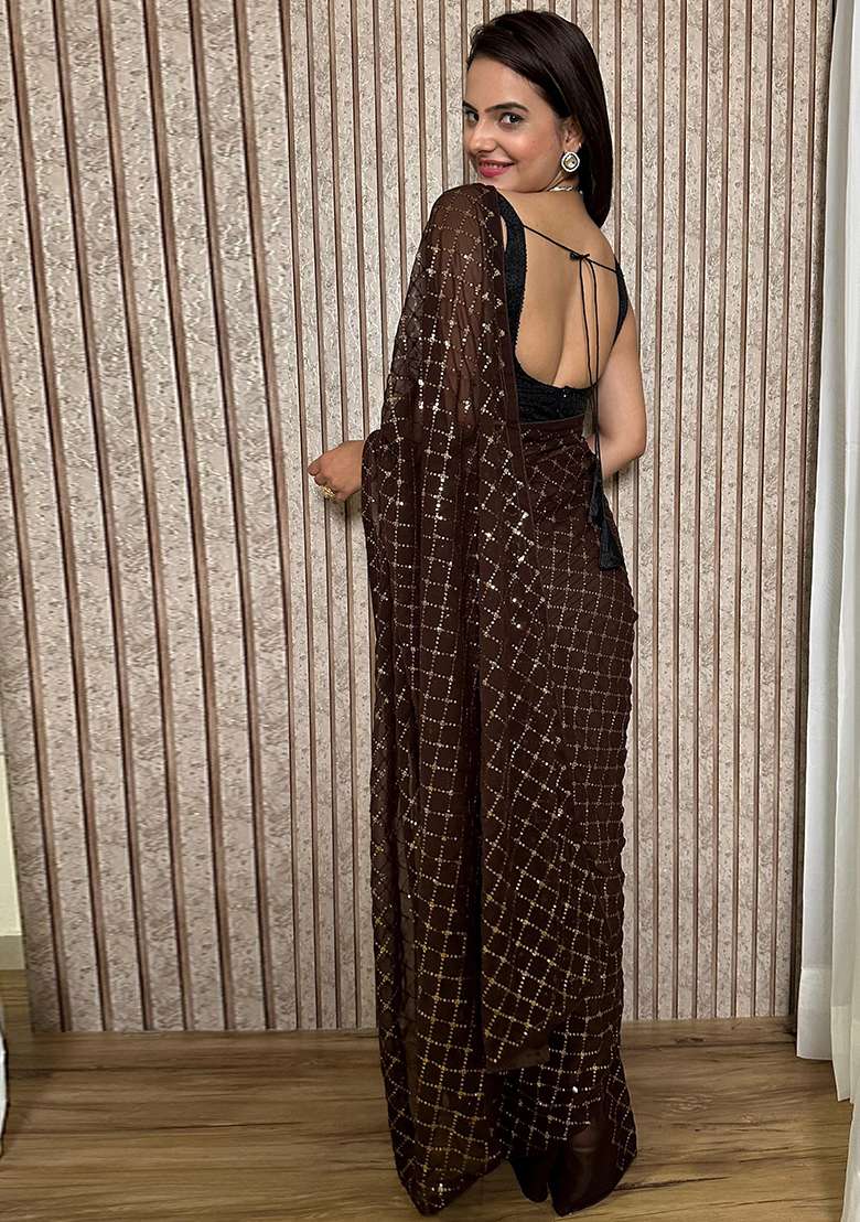 Brown Embroidered Georgette Saree Set for Diwali and Festive Wear - Indya