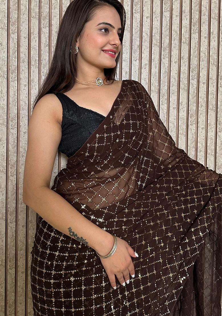 Brown Embroidered Georgette Saree Set