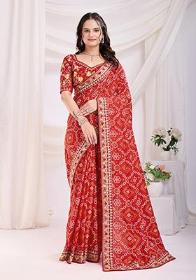 Red Embroidered Vichitra Saree Set