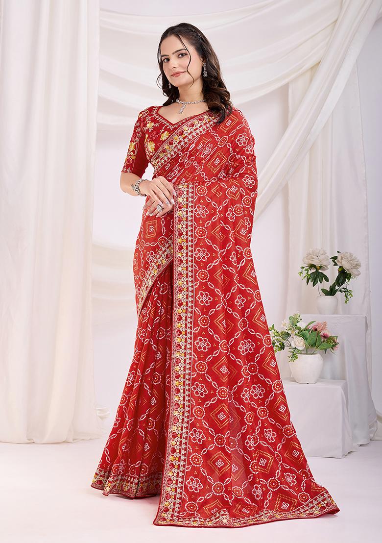 Red Embroidered Vichitra Saree Set