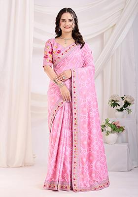 Light Pink Embroidered Vichitra Saree Set