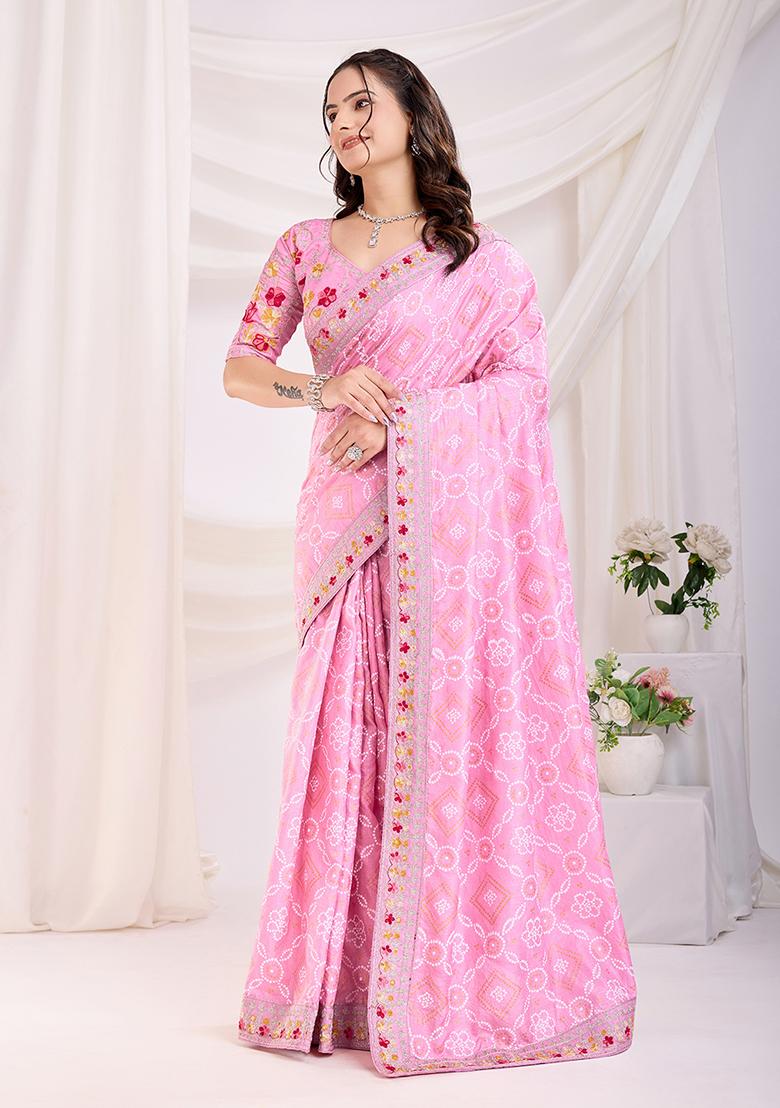Light Pink Embroidered Vichitra Saree Set