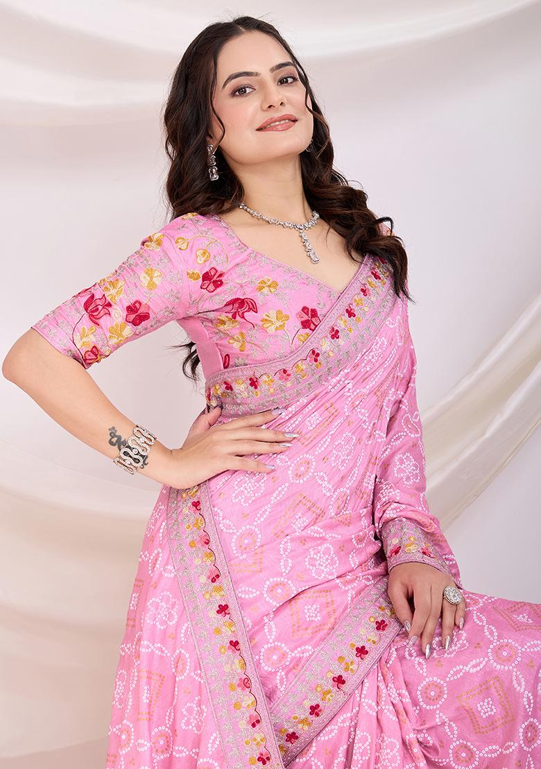 Light Pink Embroidered Vichitra Saree Set