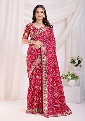 Rani Pink Embroidered Vichitra Saree Set