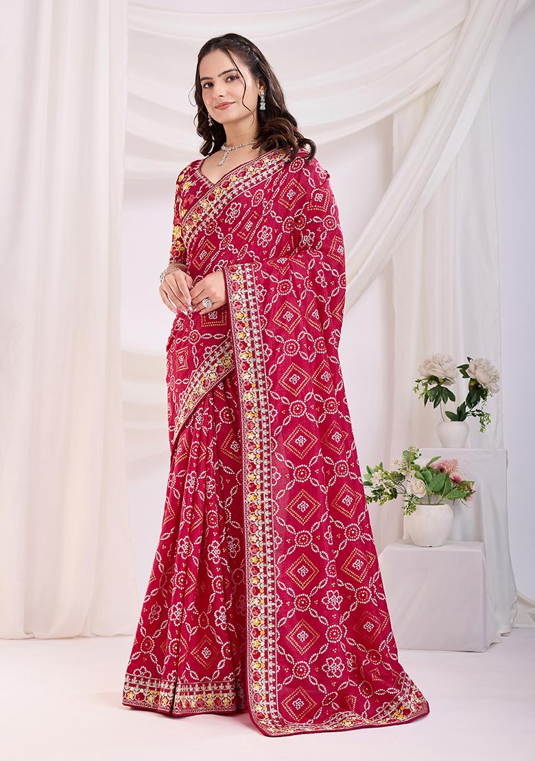 Rani Pink Embroidered Vichitra Saree Set