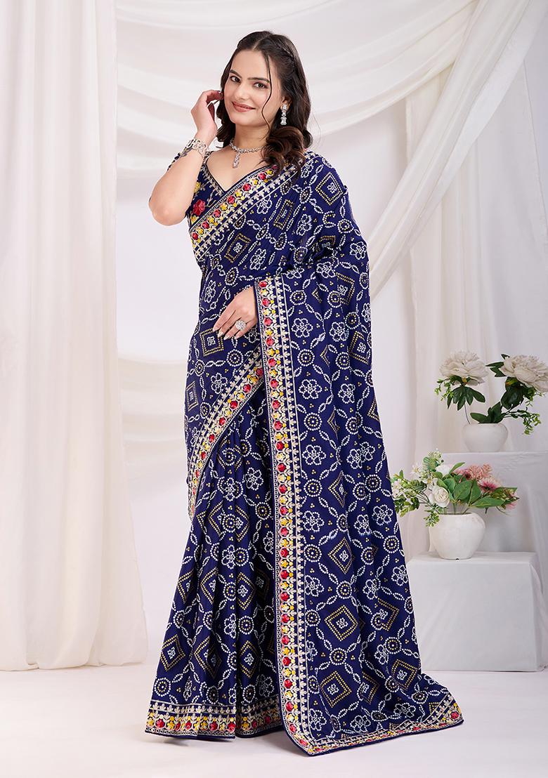 Royal Blue Embroidered Vichitra Saree Set