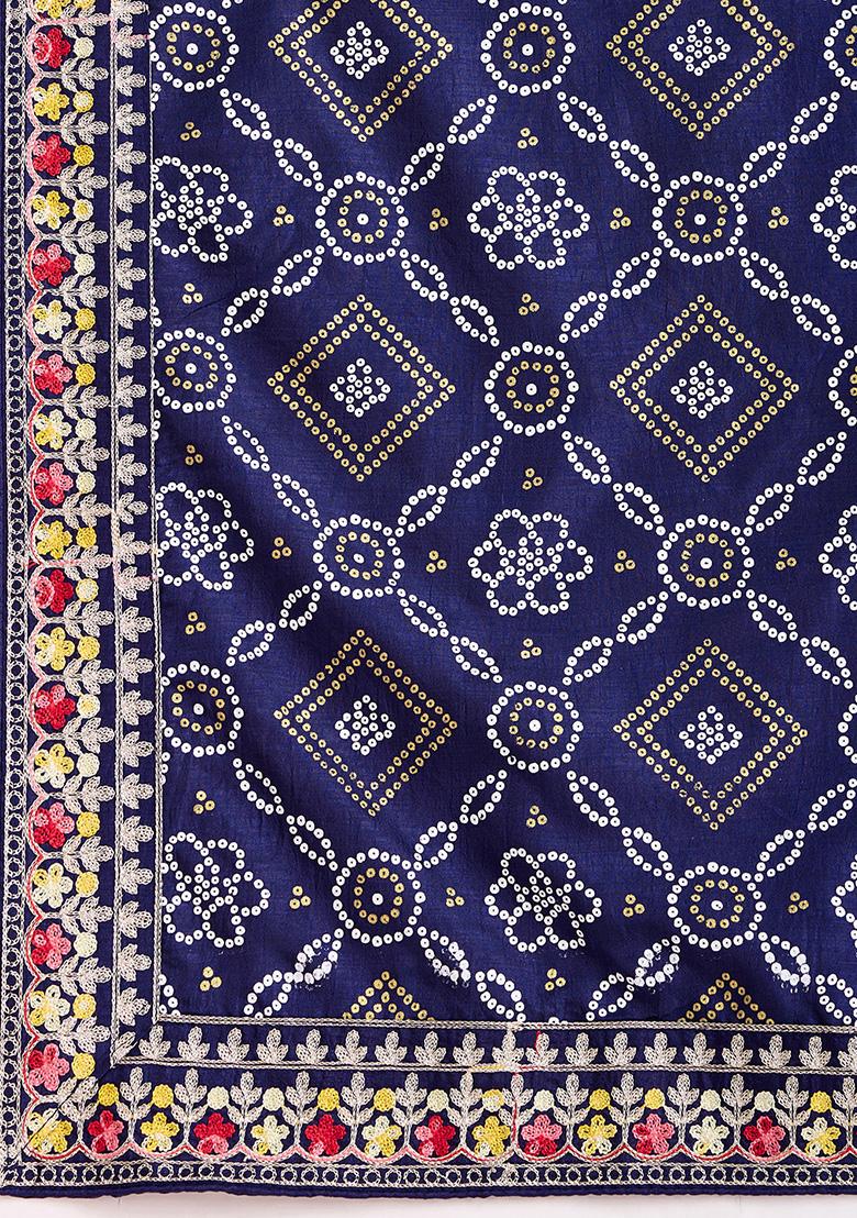 Royal Blue Embroidered Vichitra Saree Set