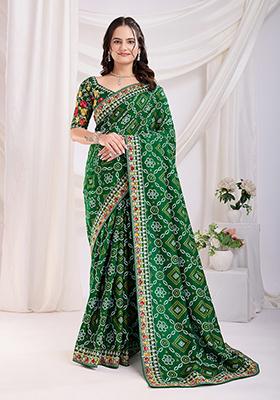 Green Embroidered Vichitra Saree Set