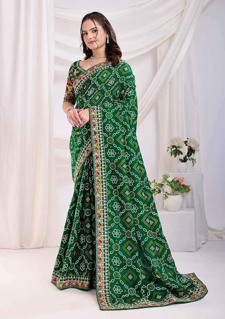 Green Embroidered Vichitra Saree Set