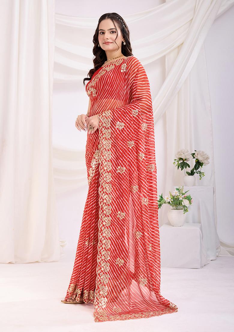 Red Embroidered Georgette Saree Set
