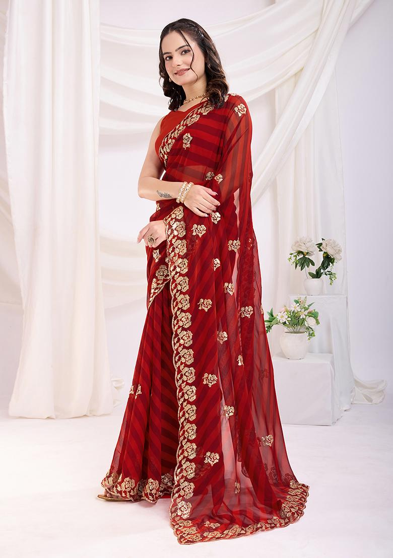 Maroon Embroidered Georgette Saree Set