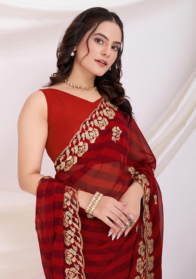 Maroon Embroidered Georgette Saree Set